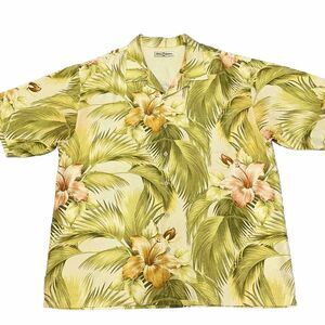 Tommy Bahama XL 100% Silk Hawaiian Shirt Floral Green Peach Palm Leaves Hibiscus